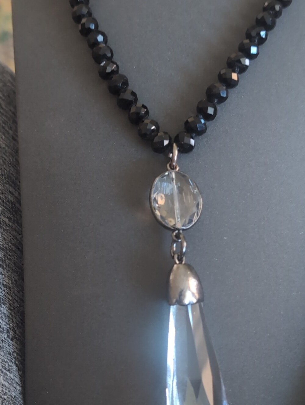 Black Beaded Necklace with Clear Crystal Pendant -